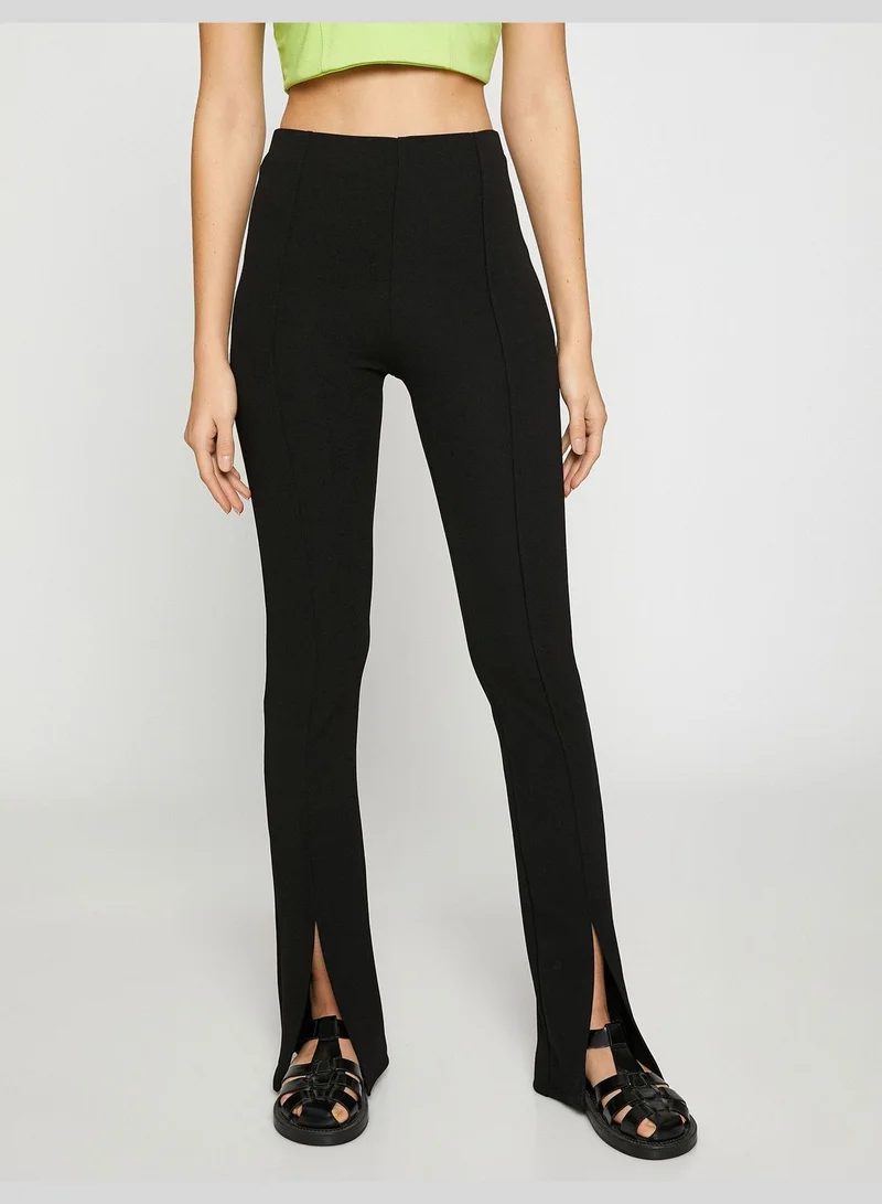 KOTON Flare Leg Trousers Ribbed Slit Detail High Waist