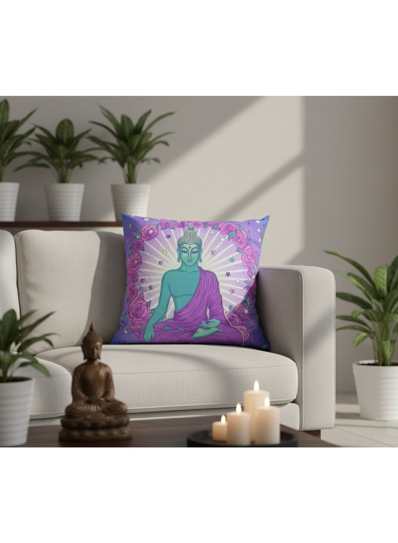 سوق الديكور Decorative Cushion Cover 45x45cm  – Serene Buddha Design with Vibrant Floral and Celestial Accents – Double-Sided Print - Soft Linen Fabric for Durable and Washable Use – Perfect for Meditation Spaces, Home Decor and Gifts – Features Meditative Buddha Illustration in Turquoise and Purple, Surrounded by Pink Roses and Radiant Halo – Ideal for Living Room, Bedroom or Yoga Spaces – Adds Spiritual Ambiance and Artistic Charm to Any Interior – High-Quality Decorative Pillow Case for Aesthetic and Functional Use - Square Cushion Case - Cushion Cover - Pillow Case - Home  Decorations for Sofa, Couch, Bed, Chairs – Limited Stock - Image 2