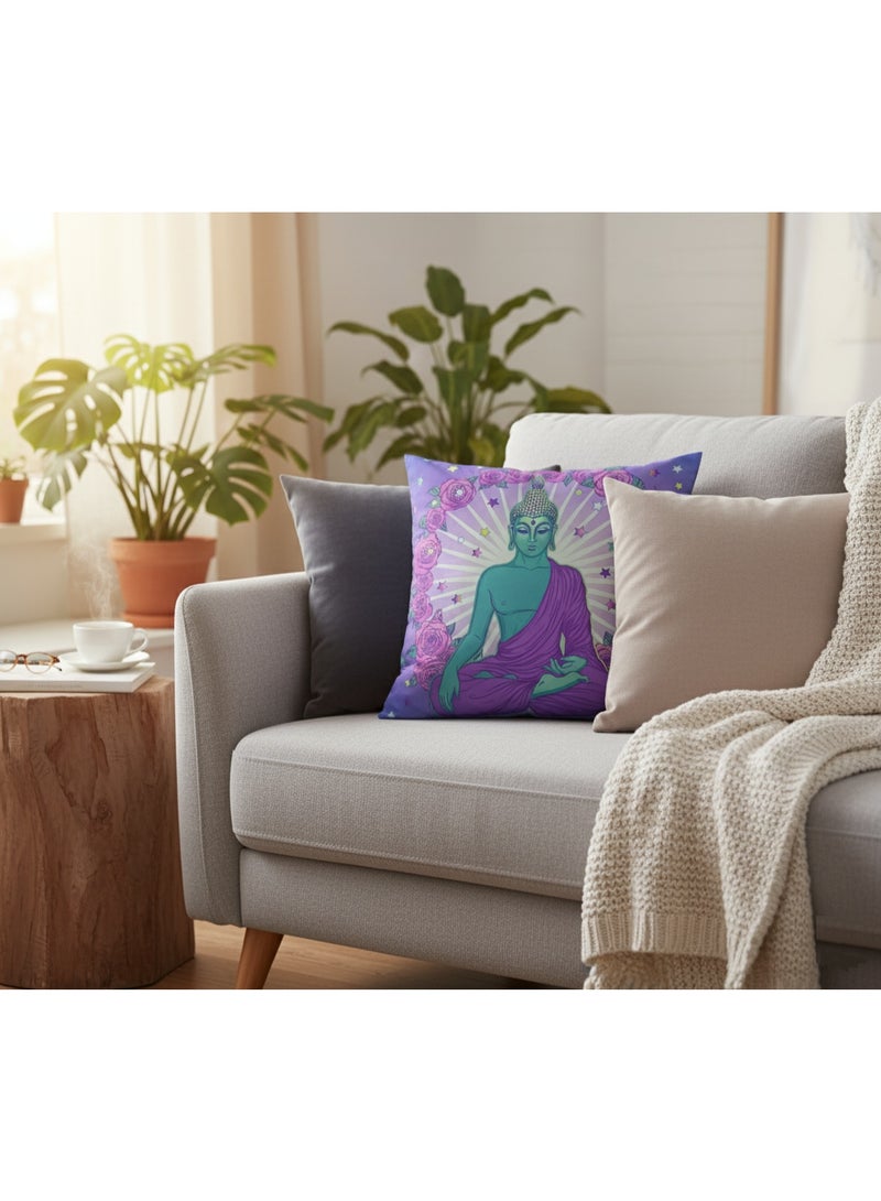 سوق الديكور Decorative Cushion Cover 45x45cm  – Serene Buddha Design with Vibrant Floral and Celestial Accents – Double-Sided Print - Soft Linen Fabric for Durable and Washable Use – Perfect for Meditation Spaces, Home Decor and Gifts – Features Meditative Buddha Illustration in Turquoise and Purple, Surrounded by Pink Roses and Radiant Halo – Ideal for Living Room, Bedroom or Yoga Spaces – Adds Spiritual Ambiance and Artistic Charm to Any Interior – High-Quality Decorative Pillow Case for Aesthetic and Functional Use - Square Cushion Case - Cushion Cover - Pillow Case - Home  Decorations for Sofa, Couch, Bed, Chairs – Limited Stock - Image 3