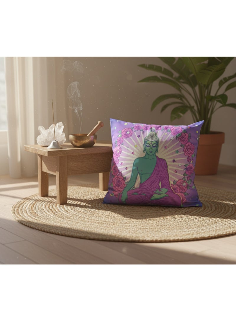 سوق الديكور Decorative Cushion Cover 45x45cm  – Serene Buddha Design with Vibrant Floral and Celestial Accents – Double-Sided Print - Soft Linen Fabric for Durable and Washable Use – Perfect for Meditation Spaces, Home Decor and Gifts – Features Meditative Buddha Illustration in Turquoise and Purple, Surrounded by Pink Roses and Radiant Halo – Ideal for Living Room, Bedroom or Yoga Spaces – Adds Spiritual Ambiance and Artistic Charm to Any Interior – High-Quality Decorative Pillow Case for Aesthetic and Functional Use - Square Cushion Case - Cushion Cover - Pillow Case - Home  Decorations for Sofa, Couch, Bed, Chairs – Limited Stock - Image 4