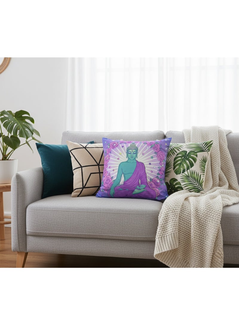 سوق الديكور Decorative Cushion Cover 45x45cm  – Serene Buddha Design with Vibrant Floral and Celestial Accents – Double-Sided Print - Soft Linen Fabric for Durable and Washable Use – Perfect for Meditation Spaces, Home Decor and Gifts – Features Meditative Buddha Illustration in Turquoise and Purple, Surrounded by Pink Roses and Radiant Halo – Ideal for Living Room, Bedroom or Yoga Spaces – Adds Spiritual Ambiance and Artistic Charm to Any Interior – High-Quality Decorative Pillow Case for Aesthetic and Functional Use - Square Cushion Case - Cushion Cover - Pillow Case - Home  Decorations for Sofa, Couch, Bed, Chairs – Limited Stock - Image 5