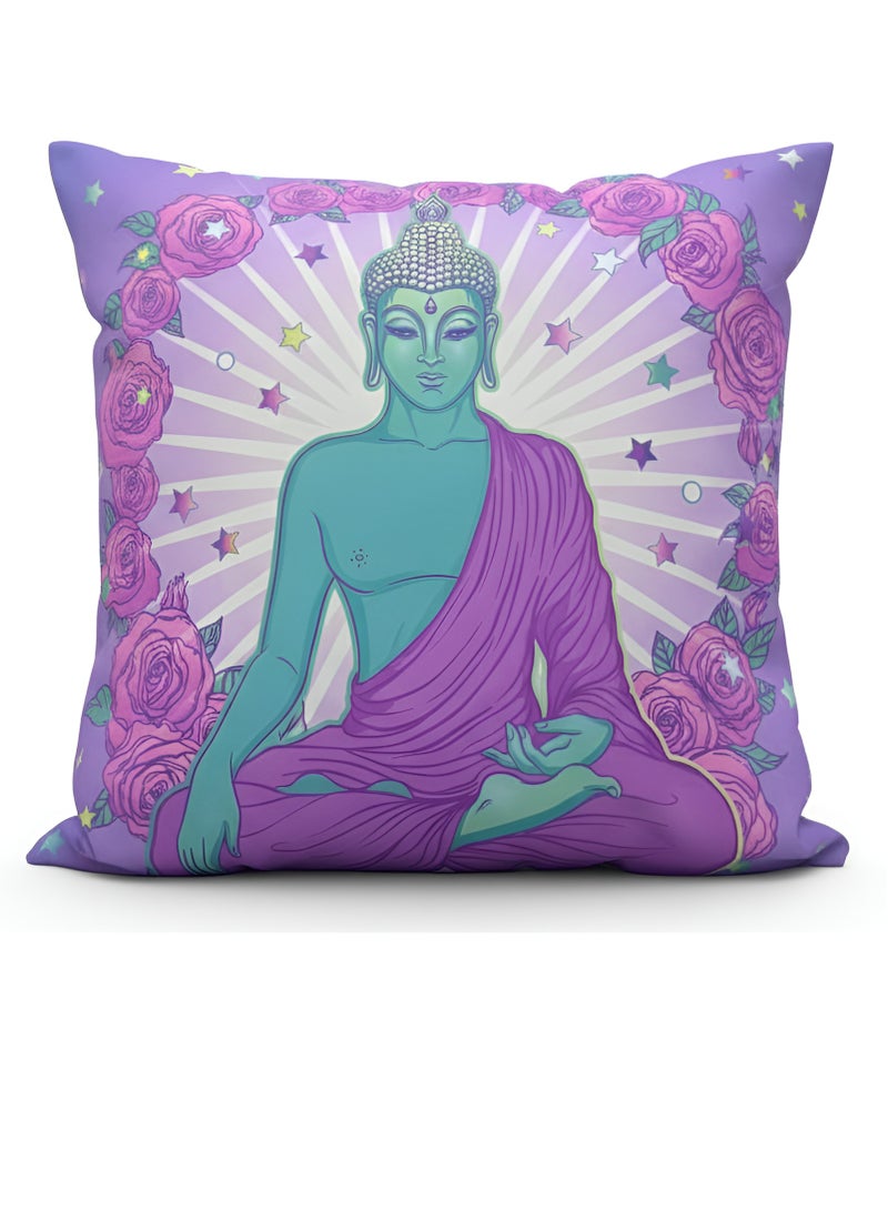 سوق الديكور Decorative Cushion Cover 45x45cm  – Serene Buddha Design with Vibrant Floral and Celestial Accents – Double-Sided Print - Soft Linen Fabric for Durable and Washable Use – Perfect for Meditation Spaces, Home Decor and Gifts – Features Meditative Buddha Illustration in Turquoise and Purple, Surrounded by Pink Roses and Radiant Halo – Ideal for Living Room, Bedroom or Yoga Spaces – Adds Spiritual Ambiance and Artistic Charm to Any Interior – High-Quality Decorative Pillow Case for Aesthetic and Functional Use - Square Cushion Case - Cushion Cover - Pillow Case - Home  Decorations for Sofa, Couch, Bed, Chairs – Limited Stock - Image 1