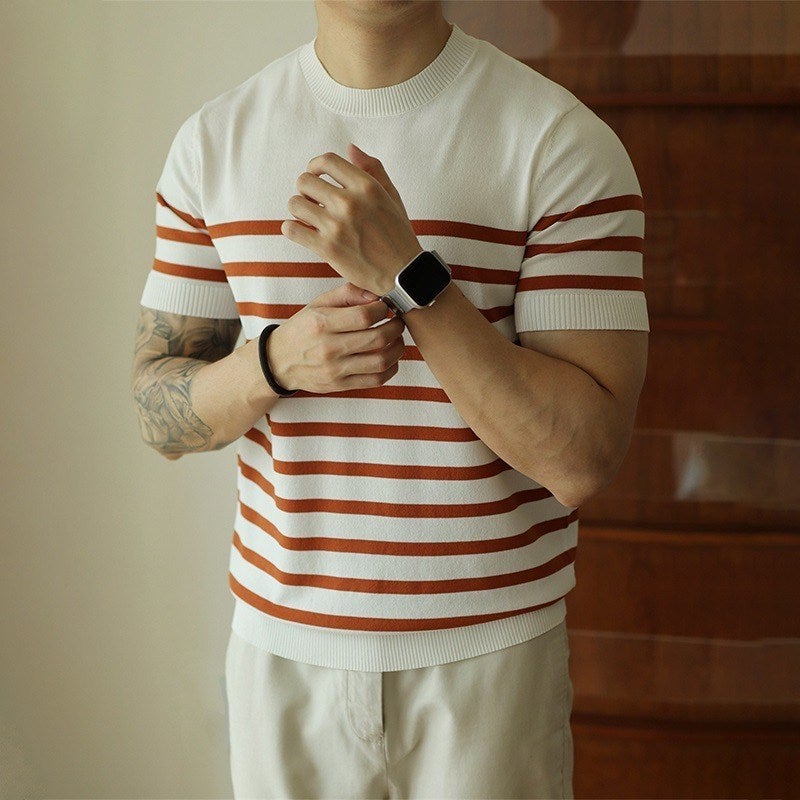 Light mature style round neck striped knitted short-sleeved T-shirt retro men's casual business spring and summer top half-sleeved T-shirt - Image 3
