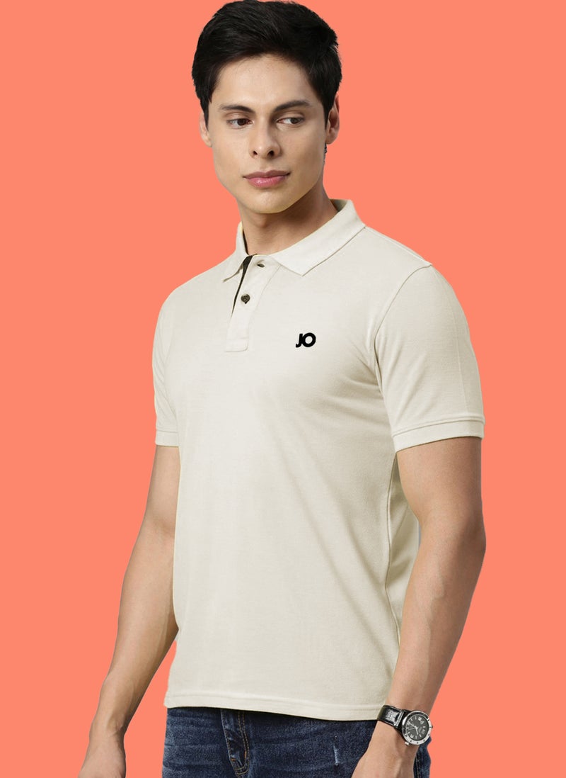 Joven Men Oat Meal Solid Polo Collar Pure Cotton T-Shirt - Image 3