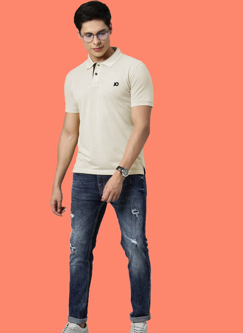 Joven Men Oat Meal Solid Polo Collar Pure Cotton T-Shirt - Image 5