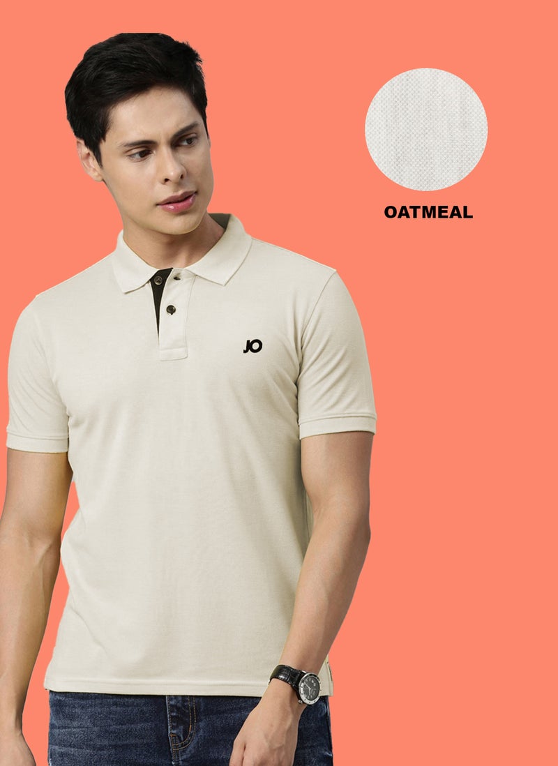 Joven Men Oat Meal Solid Polo Collar Pure Cotton T-Shirt - Image 1