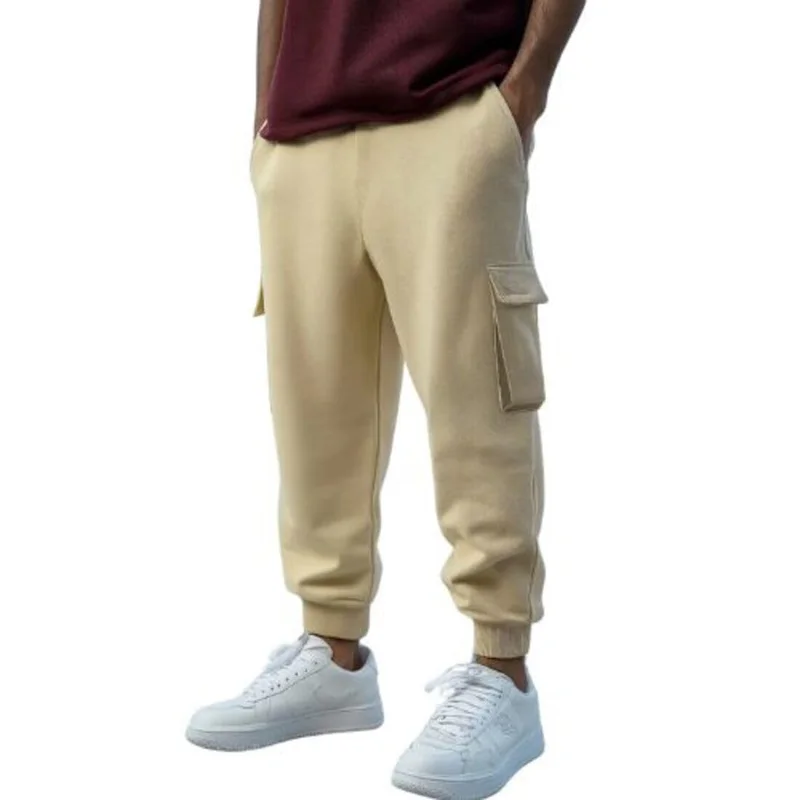 نوبيرو Men's Beige Cargo Joggers with Utility Pockets