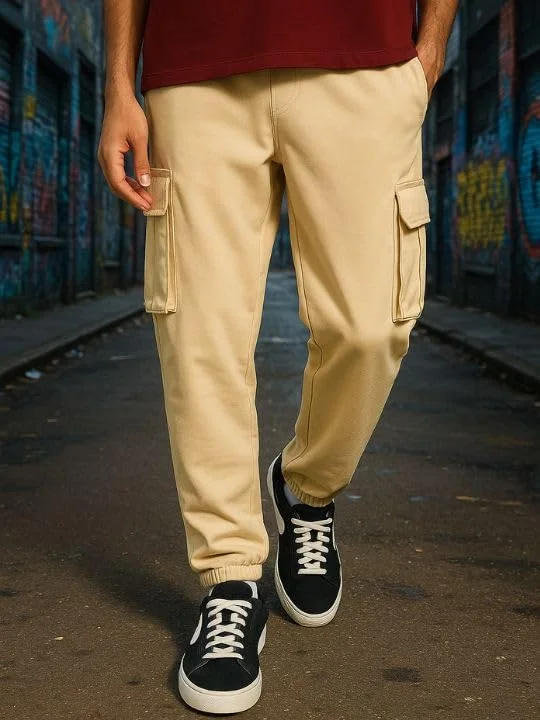 نوبيرو Men's Beige Cargo Joggers with Utility Pockets