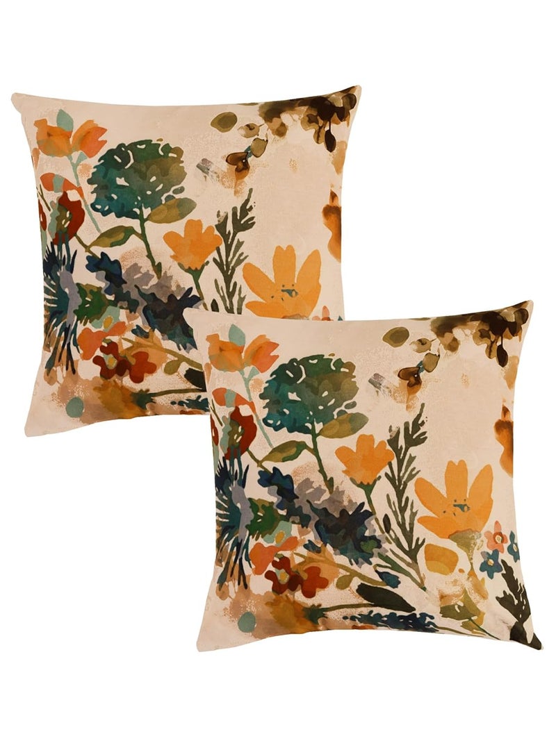 ZEBA World Cushion Cover - Decorative | Sofa, Bedroom, Couch | Polycanvas Printed Floral Watercolor Style - Multi - 16x16 inch (40x40 cms) (Pack of 2) - Image 1