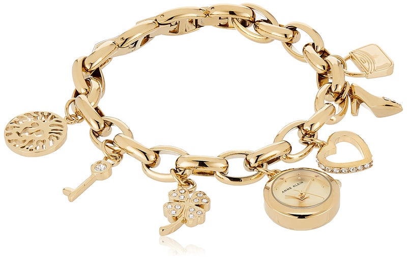 Anne Klein Women's Premium Crystal Accented Gold-Tone Charm Bracelet Watch, 10/7604CHRM - Image 1