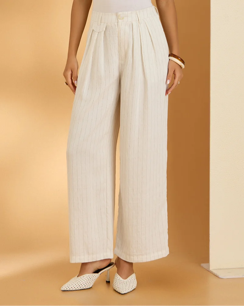 Redtag Women Cream Striped Trousers