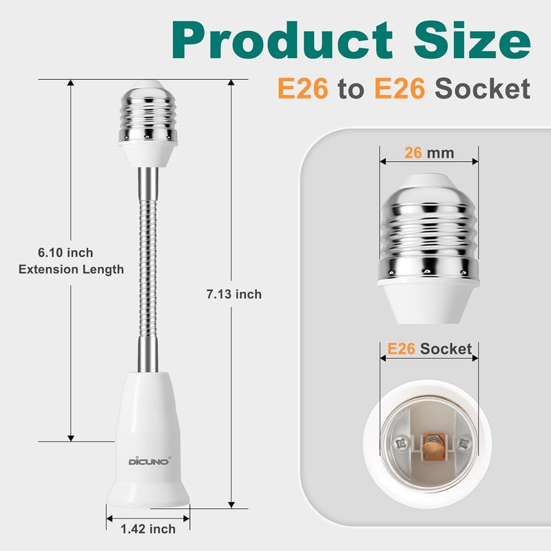 DiCUNO E26 15.5CM/6.1 Inch Extension Socket Extender Adapter, E26 Flexible Extender, All-Directional Adjustable, Standard Light Bulb Socket Extension Converter, 4-Pack - Image 3