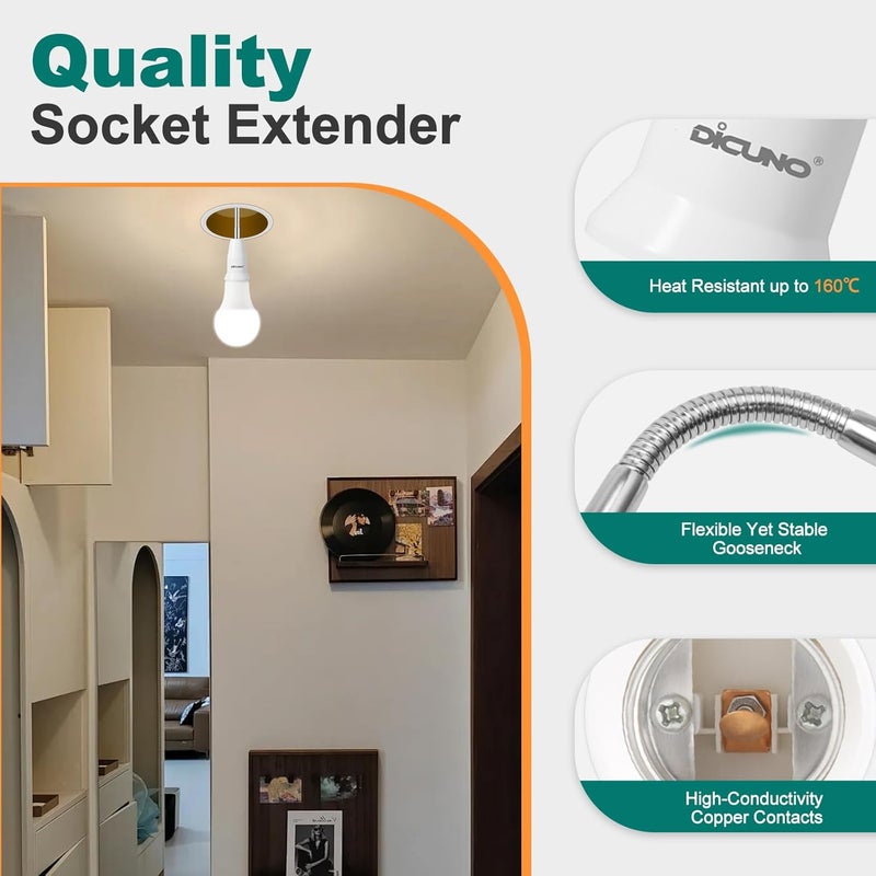 DiCUNO E26 15.5CM/6.1 Inch Extension Socket Extender Adapter, E26 Flexible Extender, All-Directional Adjustable, Standard Light Bulb Socket Extension Converter, 4-Pack - Image 4