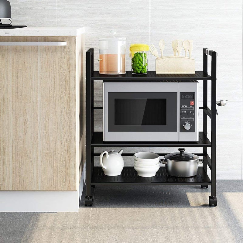 Generic Indian Decor 45907 AllPurpose Standing Wire Mesh Rolling 3 Tier Storage Trolley Cart with Hooks and Adjustable Feet for Home Organisation Kitchen Bathroom Max Load 30 kg Black  - Image 3