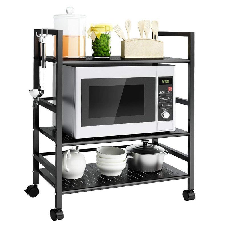 Generic Indian Decor 45907 AllPurpose Standing Wire Mesh Rolling 3 Tier Storage Trolley Cart with Hooks and Adjustable Feet for Home Organisation Kitchen Bathroom Max Load 30 kg Black  - Image 1