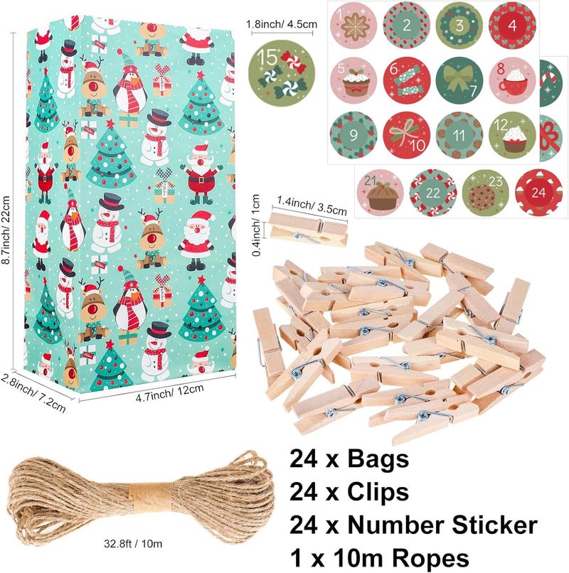 Konsait 24pcs Christmas Advent Calendar Bags Christmas Paper Bags DIY Advent Calendars to Fill Christmas Countdown Decorations with 124 Numbers Stickers Clips Rope - Image 2
