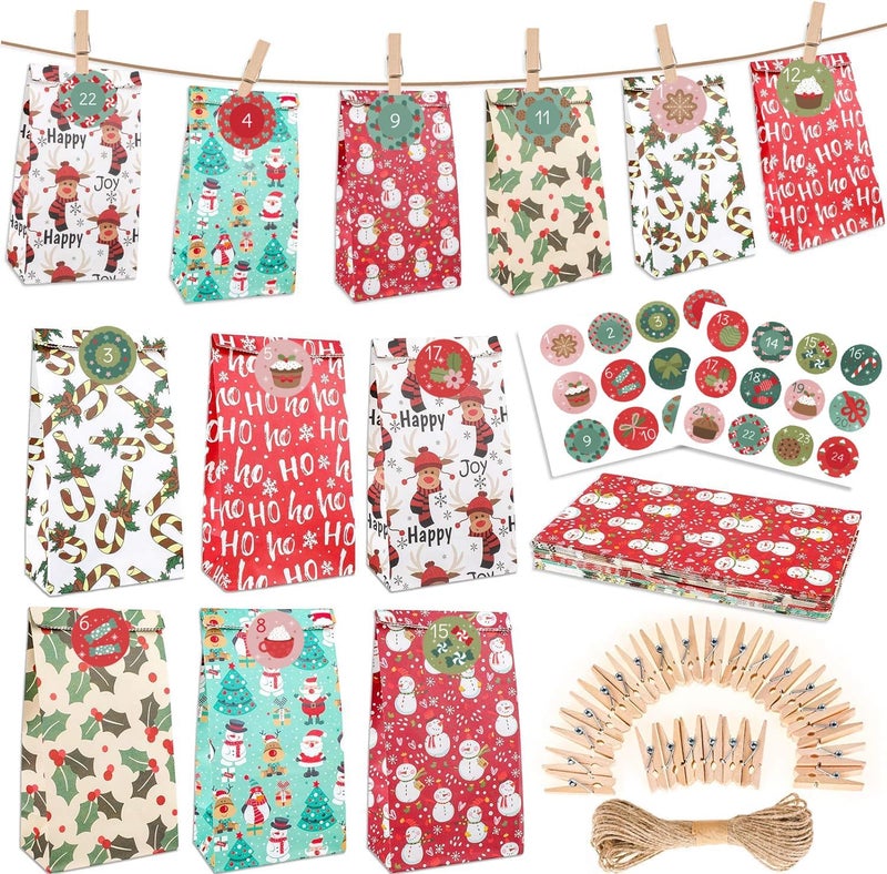 Konsait 24pcs Christmas Advent Calendar Bags Christmas Paper Bags DIY Advent Calendars to Fill Christmas Countdown Decorations with 124 Numbers Stickers Clips Rope - Image 1