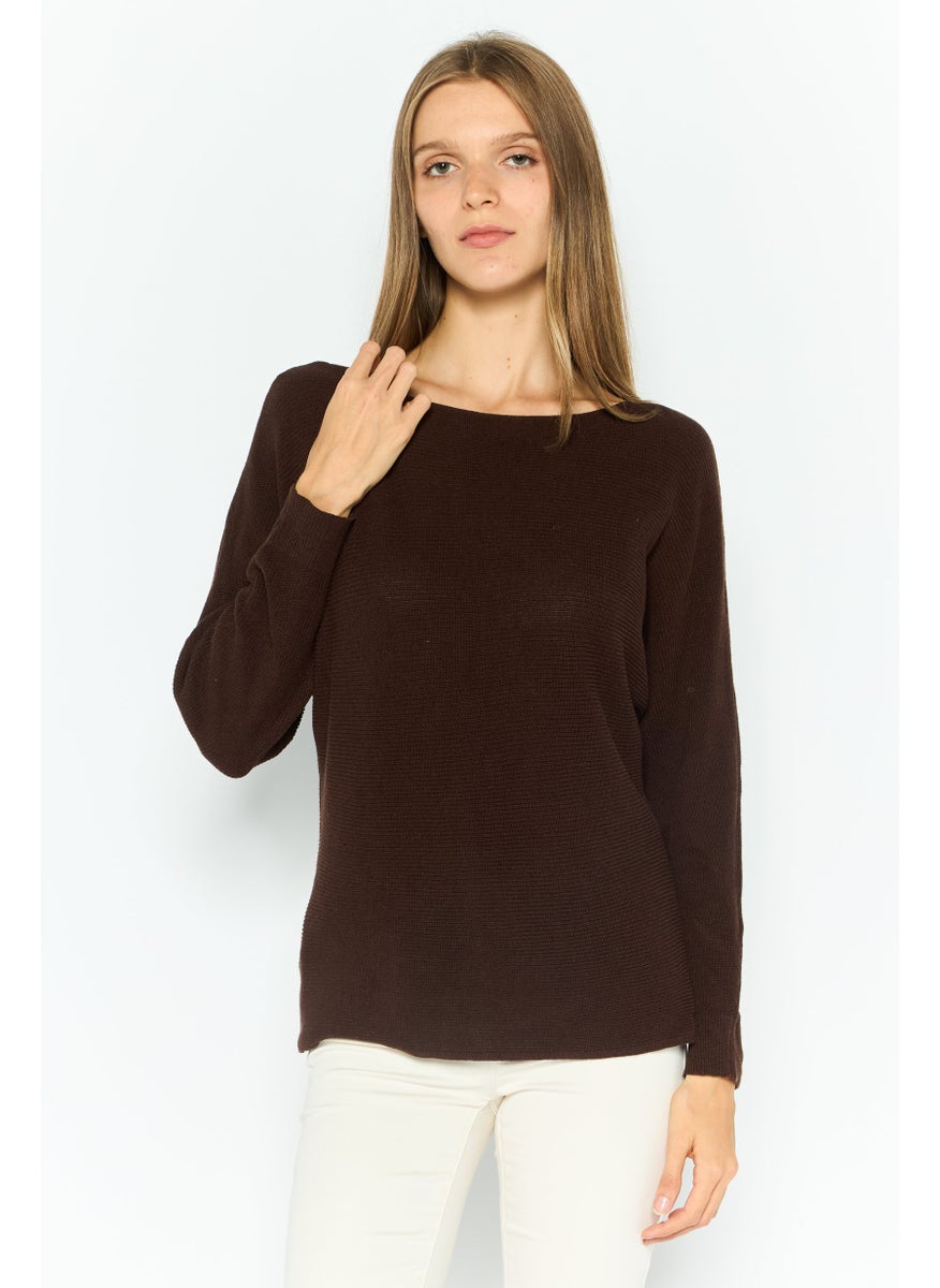 ESPRIT Women Boat Neck Knitted Sweater, Brown  - Image 1