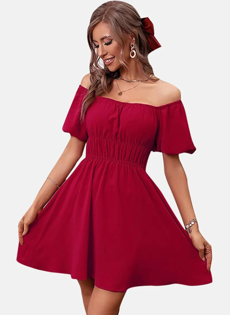 YUNIQEE Red Solid Short Sleeve Off-shoulder Mini Fit & Flare Dress