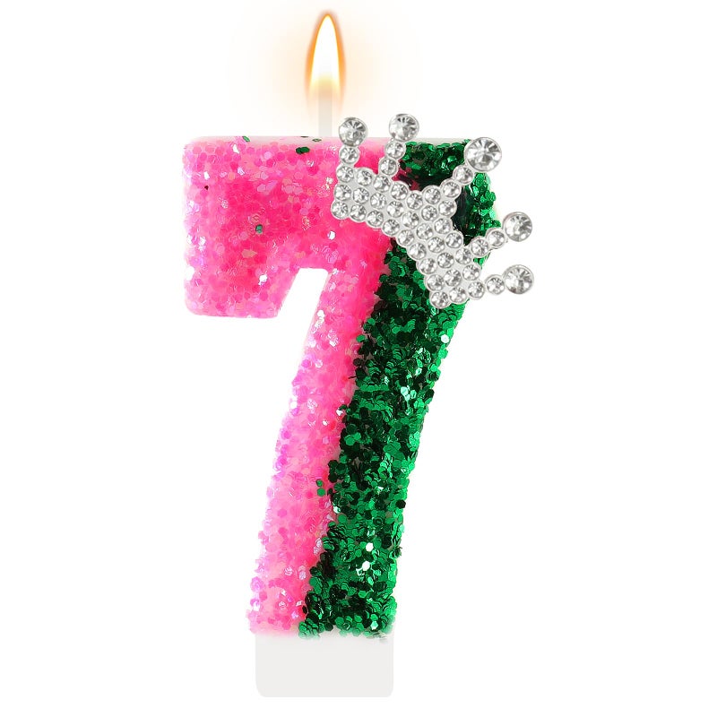 AKURIEEY Wicked Birthday Candle Crown Number 7 Candle Pink and Green 7th Birthday Cake Topper Cupcake Decorations Wicked Themed Party Decor Anniversary Celebrations Supplies - Image 1