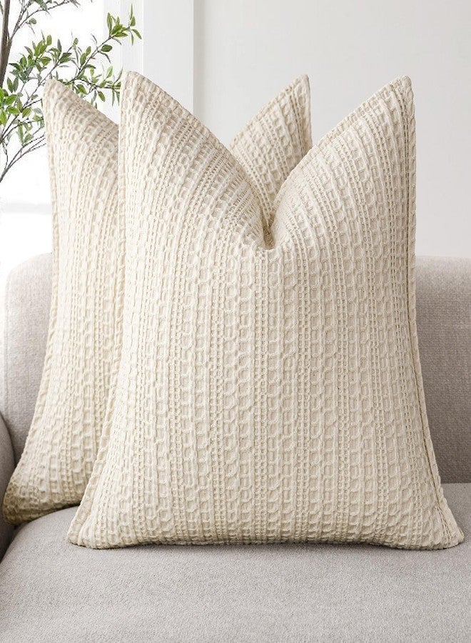 Foindtower Set of 2 Decorative Cotton Waffle Weave Throw Pillow Covers Euro Shams Cushion Covers Accent European Pillowcase for Bed Couch Sofa Bedroom Living Room Home Decor 26×26 Inch Natural Beige - Image 1