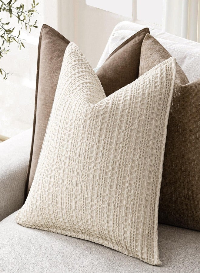 Foindtower Set of 2 Decorative Cotton Waffle Weave Throw Pillow Covers Euro Shams Cushion Covers Accent European Pillowcase for Bed Couch Sofa Bedroom Living Room Home Decor 26×26 Inch Natural Beige - Image 4