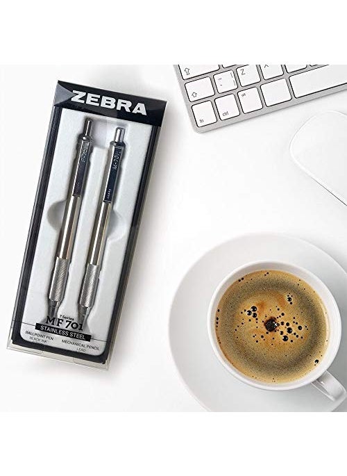 ZEBRA Zebra Pen M/F 701 Stainless Steel Mechanical Pencil and Ballpoint Pen Set, Fine Point, 0.7mm HB Lead and 0.8mm Black Ink, 2-Count Gift Set, Silver (10519)  - Image 4
