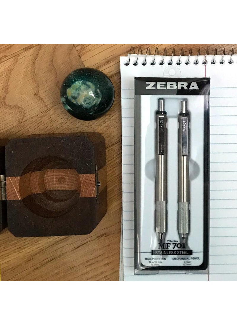 ZEBRA Zebra Pen M/F 701 Stainless Steel Mechanical Pencil and Ballpoint Pen Set, Fine Point, 0.7mm HB Lead and 0.8mm Black Ink, 2-Count Gift Set, Silver (10519)  - Image 5