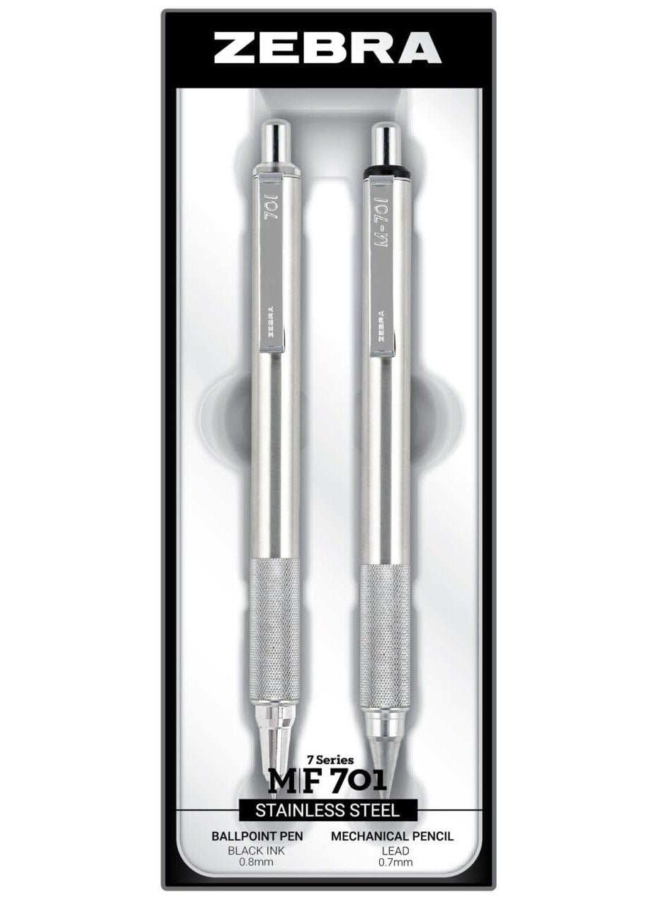 ZEBRA Zebra Pen M/F 701 Stainless Steel Mechanical Pencil and Ballpoint Pen Set, Fine Point, 0.7mm HB Lead and 0.8mm Black Ink, 2-Count Gift Set, Silver (10519)  - Image 1