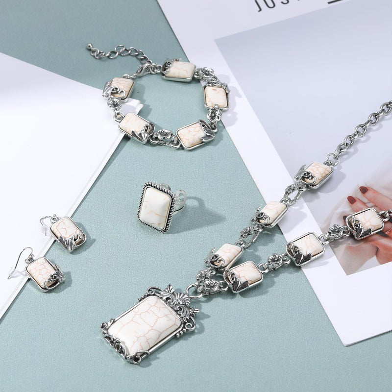JMScape 4 PCS Western Turquoise Jewelry for Women Boho Vintage Navajo Pearl Necklace Earring Bracelet Ring Set Country Cowgirl Accessories for Gift (H-White) - Image 3