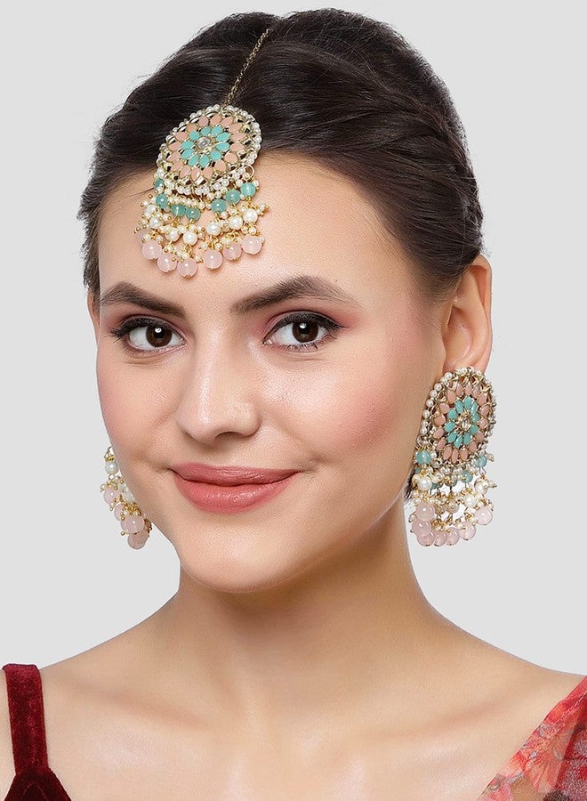 كارات كارت طقم أقراط كوندان مطلي بالذهب باللونين الوردي والأزرق الفاتح مع تاج مانغ تيكا للنساء من كارات كارت - Image 3