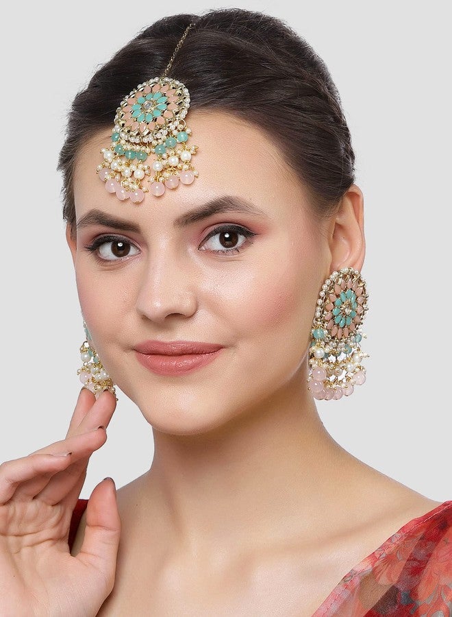 كارات كارت طقم أقراط كوندان مطلي بالذهب باللونين الوردي والأزرق الفاتح مع تاج مانغ تيكا للنساء من كارات كارت - Image 2