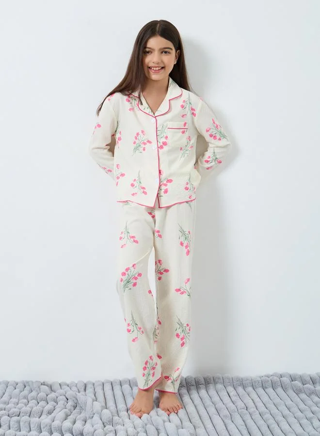 Take Two Take Two Teens Cream Floral Print Shirt and Pyjama Set