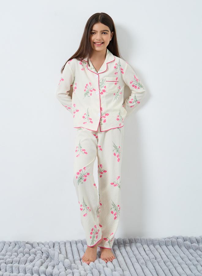 Take Two Teens Cream Floral Print Shirt and Pyjama Set - Image 2