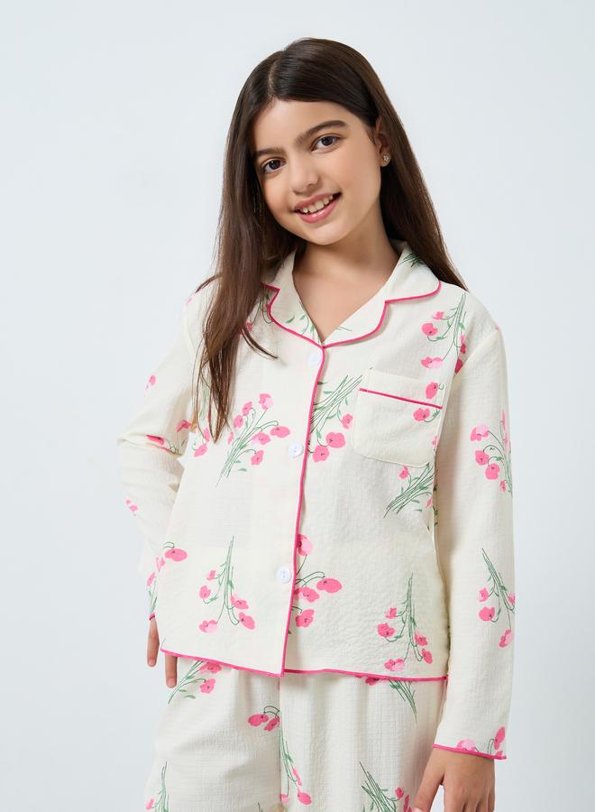 Take Two Teens Cream Floral Print Shirt and Pyjama Set - Image 3
