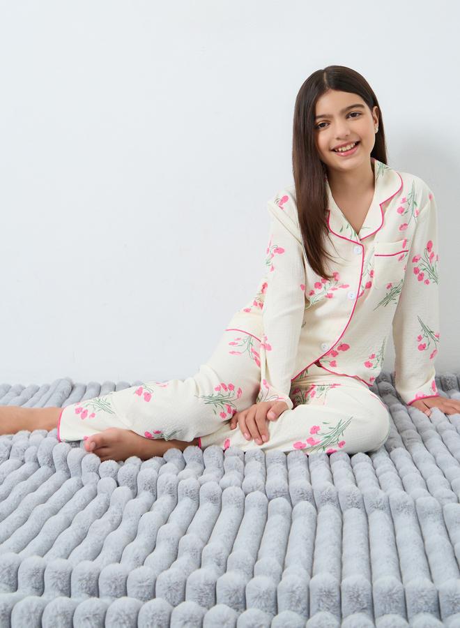 Take Two Teens Cream Floral Print Shirt and Pyjama Set - Image 1