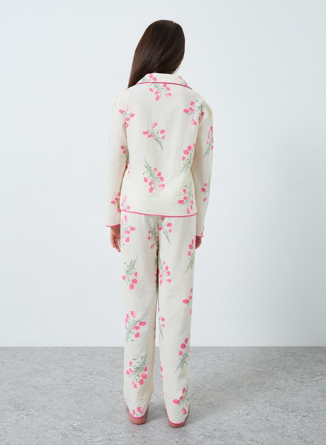 Take Two Teens Cream Floral Print Shirt and Pyjama Set - Image 5