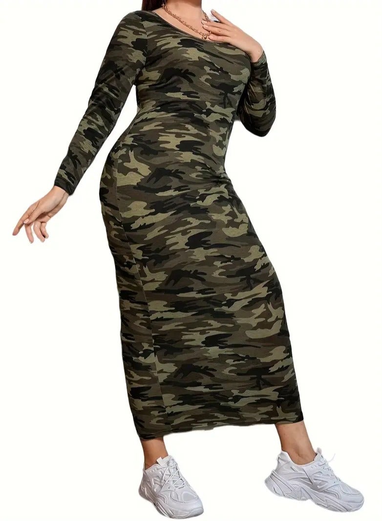Casual Skinny Dress With An Army Style And An Army Color An Ankle Length Dress With A Round Neck Collar Elegant Long Sleeves And A Stretch Fabric That Highlights The Body Shape Suitable For All Seasons Of The Year Size 4XL  - Image 1