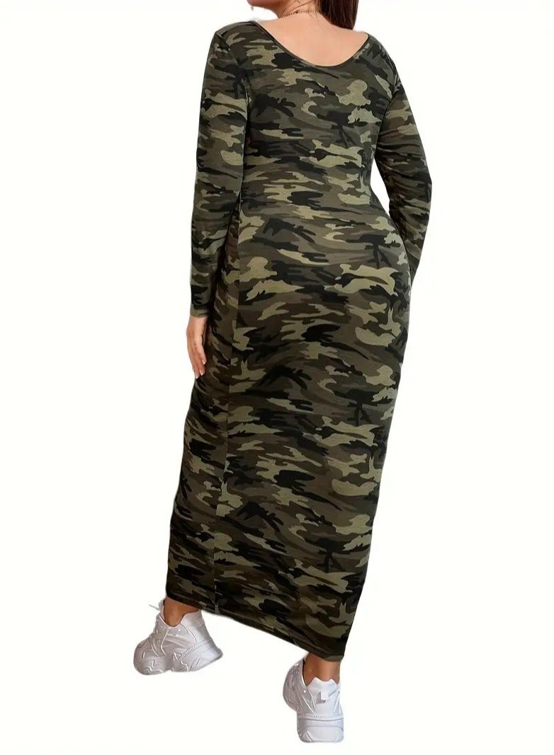 Casual Skinny Dress With An Army Style And An Army Color An Ankle Length Dress With A Round Neck Collar Elegant Long Sleeves And A Stretch Fabric That Highlights The Body Shape Suitable For All Seasons Of The Year Size 4XL  - Image 2