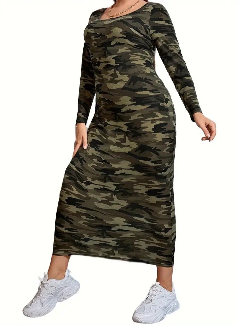 Casual Skinny Dress With An Army Style And An Army Color An Ankle Length Dress With A Round Neck Collar Elegant Long Sleeves And A Stretch Fabric That Highlights The Body Shape Suitable For All Seasons Of The Year Size 4XL  - Image 3