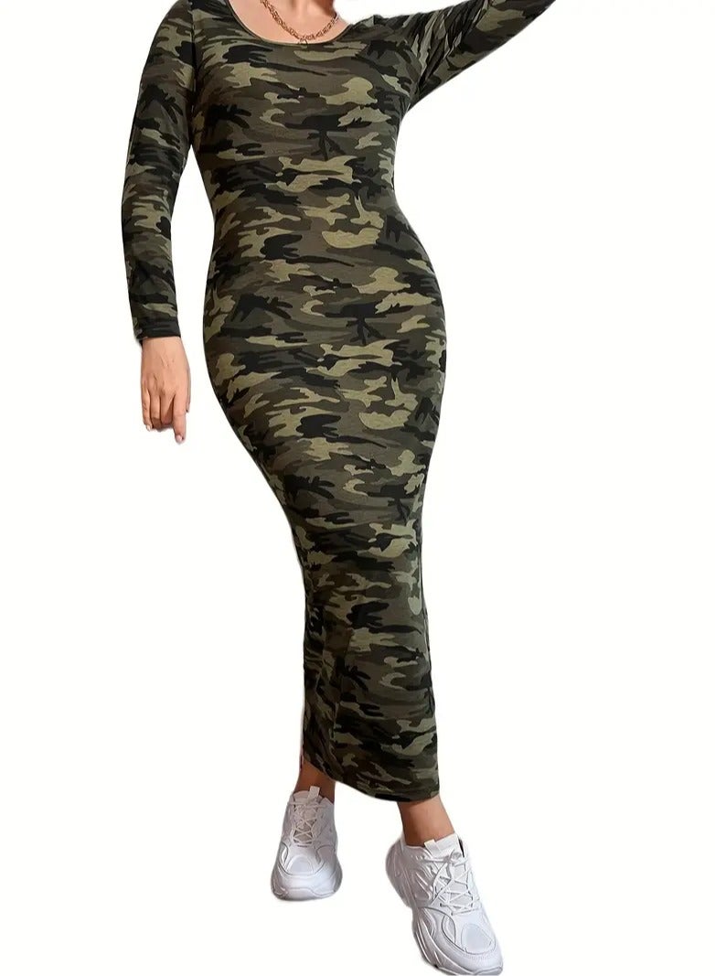 Casual Skinny Dress With An Army Style And An Army Color An Ankle Length Dress With A Round Neck Collar Elegant Long Sleeves And A Stretch Fabric That Highlights The Body Shape Suitable For All Seasons Of The Year Size 4XL  - Image 4