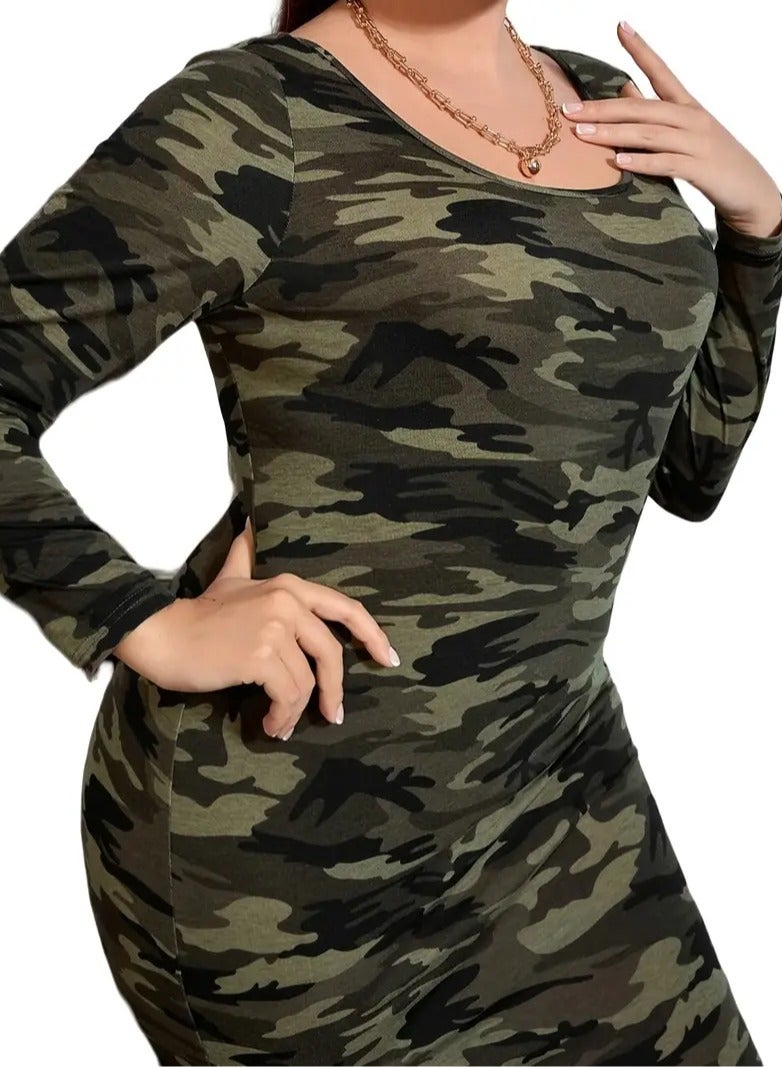 Casual Skinny Dress With An Army Style And An Army Color An Ankle Length Dress With A Round Neck Collar Elegant Long Sleeves And A Stretch Fabric That Highlights The Body Shape Suitable For All Seasons Of The Year Size 4XL  - Image 5