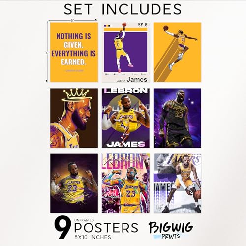 BigWig Prints LeBron James Poster Set - LeBron Posters for Walls, Lakers Bedroom Wall Decor, Basketball Room Decor for Boys, Gifts for Lakers Fan, Basketball Artwork - Unframed Set Of 9 (8x10”) - Image 2