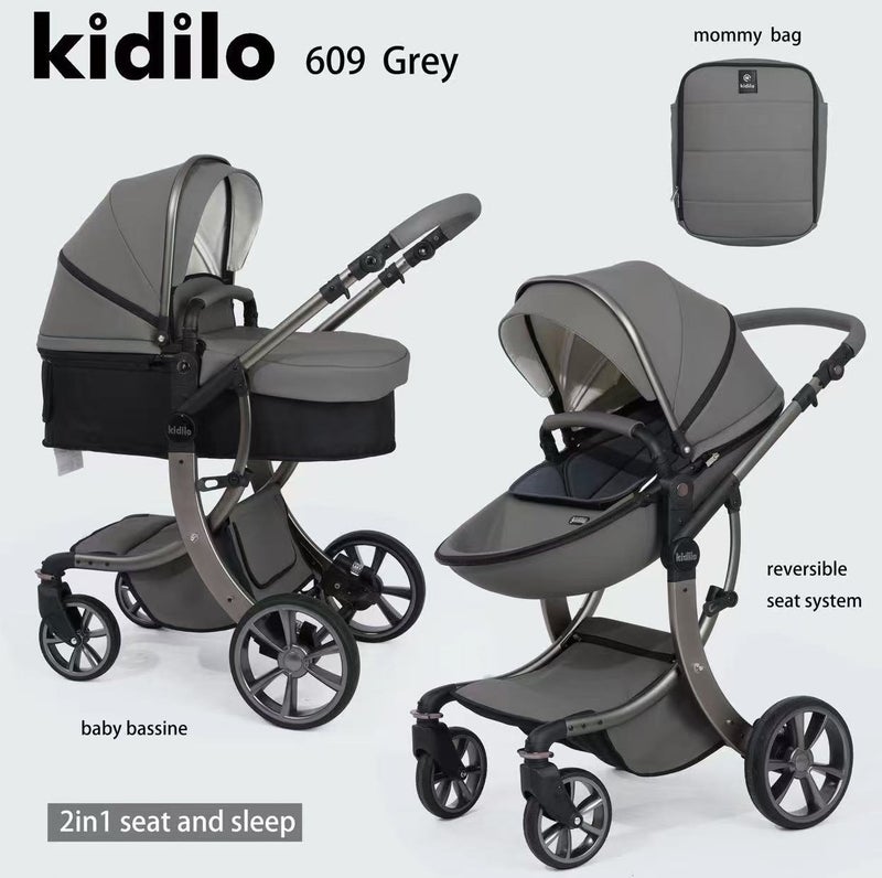 Kidilo 609 2-in-1 Baby Stroller Pram | Convertible Bassinet for Newborn | Reversible Reclining Seat for Toddler | Adjustable Canopy | Shock-Absorbing Wheels | Compact Fold | Storage Basket | Mommy Bag