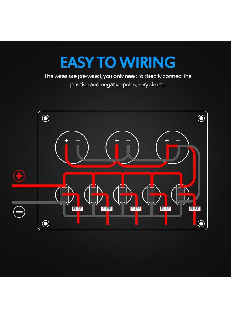 SYOSI 5 Gang Rocker Switch Panel with LED light 12V-24V Toggle Switch Panel with Dual USB Charger Digital Voltmeter Cigarette Lighter Socket for Car Trunk Boat  - Image 5