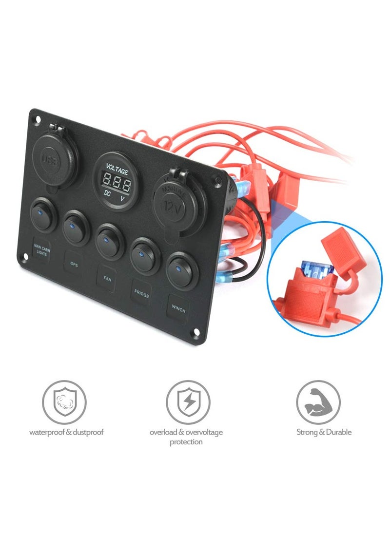 SYOSI 5 Gang Rocker Switch Panel with LED light 12V-24V Toggle Switch Panel with Dual USB Charger Digital Voltmeter Cigarette Lighter Socket for Car Trunk Boat  - Image 4