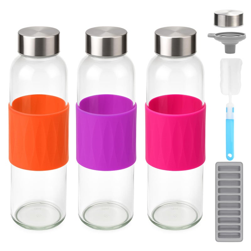 Zukro 18 oz Glass Water Bottles with Lids, 3 Pack Leak Proof Juice Bottles With Stainless Steel Cap for Juicing, Smoothie, Homemade Beverages Container, Reusable Drinking Jar with Grip Band, BPA Free - Image 1
