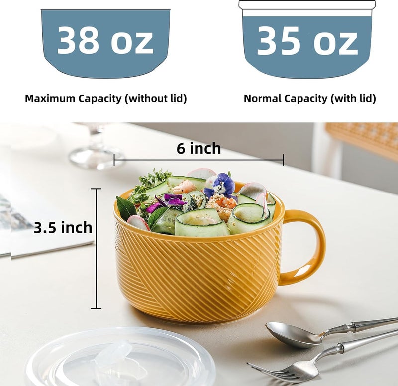 Adewnest Oversized Soup Bowl with Handle 38 oz Ceramic Soup Mug with Lid  Microwave Safe Jumbo Food Storage Container for Ramen Cereal Breakfast Meal Prep Office Lunch Dorm Living  Yellow 6 Inch - Image 2