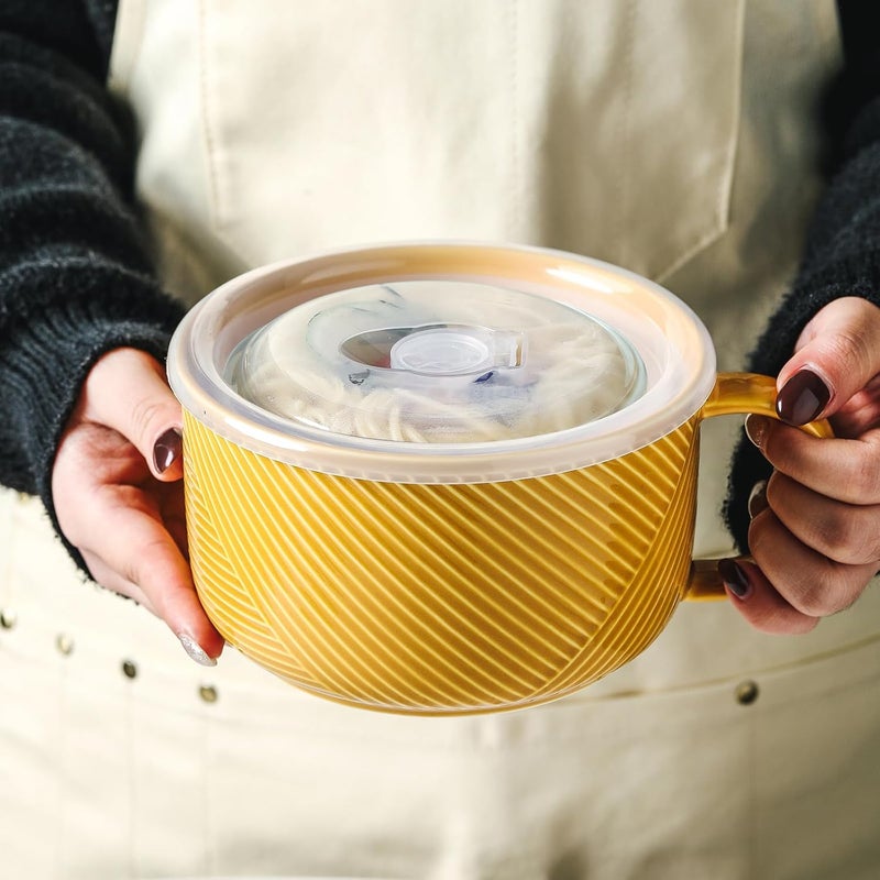 Adewnest Oversized Soup Bowl with Handle 38 oz Ceramic Soup Mug with Lid  Microwave Safe Jumbo Food Storage Container for Ramen Cereal Breakfast Meal Prep Office Lunch Dorm Living  Yellow 6 Inch - Image 4
