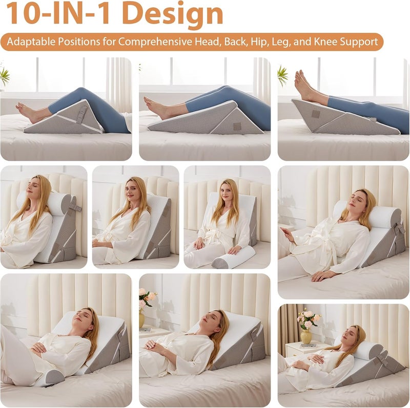 BIEEZZK 3PCS Wedge Pillow Set for After Surgery, Wedge Pillow for Acid Reflux Relief, Bed Wedge Pillow With Adjustable 9&12inch for Headboard,Sleeping, Orthopedic Memory Foam for Neck&Back Support, White/Grey - Image 2